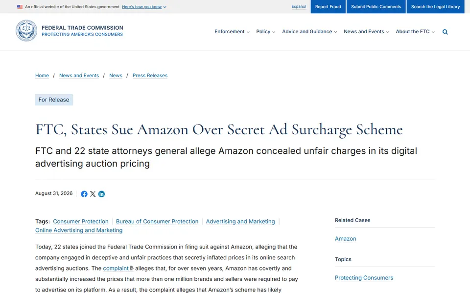 FTC press release page headed FTC, States Sue Amazon Over Secret Ad Surcharge Scheme.